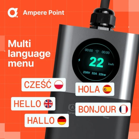 AmperePoint Q22 PRO + 2 adaptery 22 kW Type 2 - ładowarka przenośna, 7,5 m, Wi-Fi